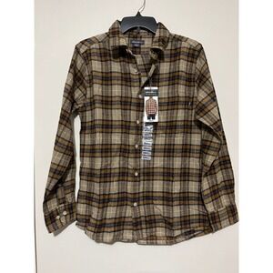 Eddie Bauer Mens Flannel Shirt Small Plaid Brown Tan‎ Long Sleeve Button Up